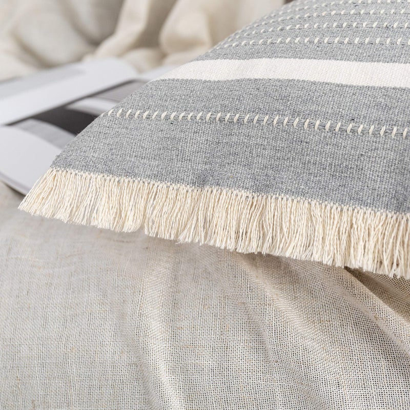 OJIA Modern Throw Pillow Cover with Tassels, Decorative Liana Fringe Accent Cushion Case, Farmhouse Woven Pillowcase for Sofa Chair Couch Bed Decor (Lumbar 18 x 18 Inches, Grey) - Image 2